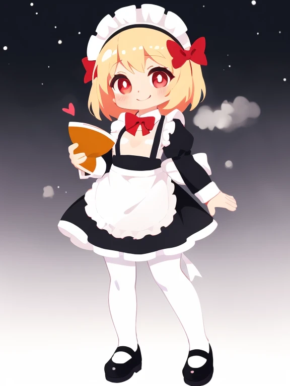 rumia,1girl, holding skirt, solo, blond hair, red eyes, flatchest, young, white_background, heart, full_body, simple_background, black_footwear, maid, long_sleeves, maid_headdress, smile, alternate_costume, black_dress, closed_mouth, mary_janes, white_pantyhose, white_apron, red_bow, standing, looking_at_viewer, ribbon, blush, maid_apron
star-shaped_pupils,symbol-shaped_pupils,. gorgeous,key visual, vibrant, studio anime,award-winning, professional, highly detailed,high budget, cinemascope,