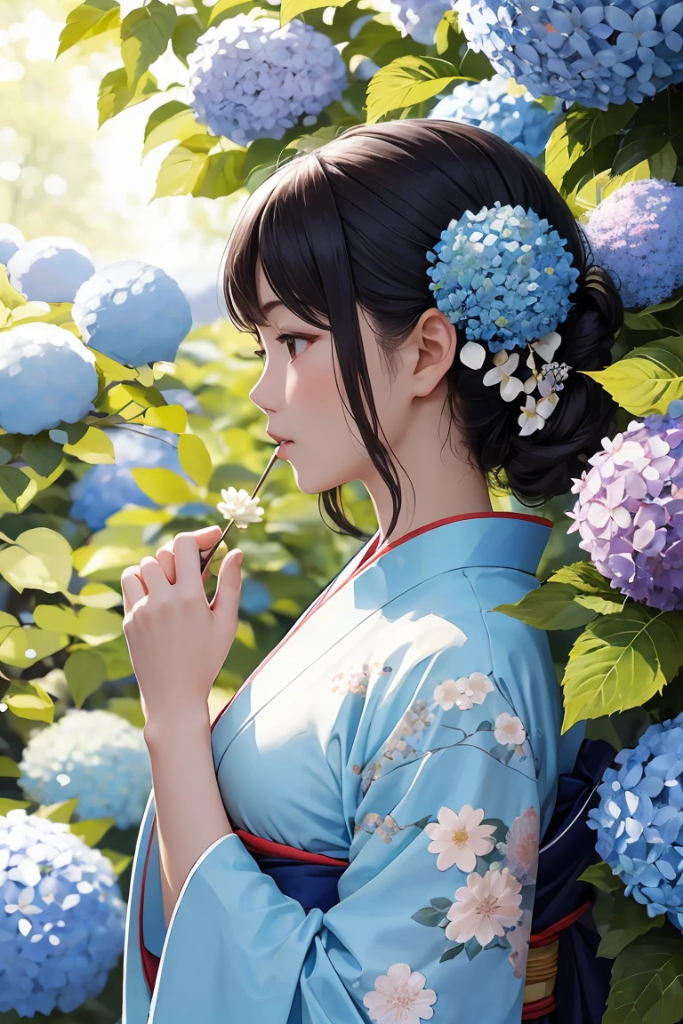 傑作 ,最好的品質, 精美的な髪の美しい女性, 花朵, 森林, 盛開的繡球花,輪廓,轉瞬即逝,美麗,精美的,電影般的,日本女性,輪廓,成熟,閃亮的女人,downward 輪廓,淺藍色花卉和服,真的,白花髮飾,擺出思考的姿勢,把你的手放在你的嘴上,向下的角度,向下看