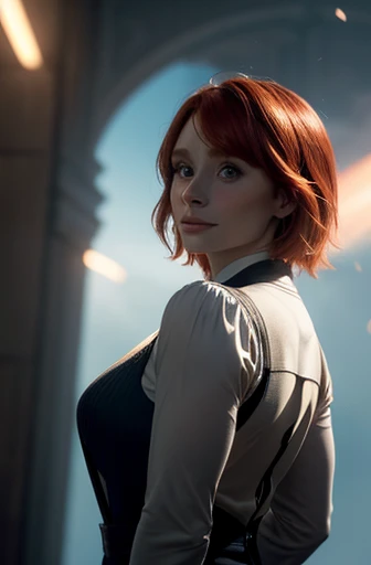 (Bryce Dallas Howard com 35 anos, sozinha:1.2, shot from behind, dynamic pose), (Big head spinning:1.3), Cinematic shot, dramatic lighting emphasizing shadows, detalhes ricos em textura, efeito laser para adicionar profundidade, melhor qualidade.