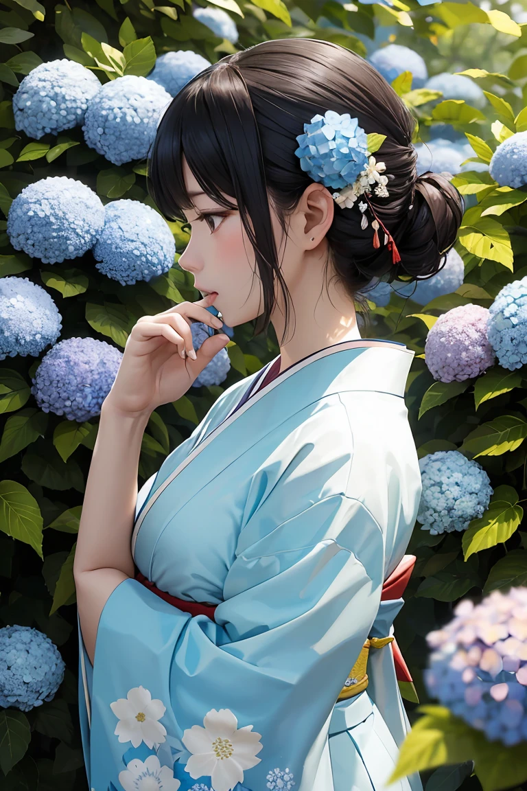 masterpiece ,highest quality, delicateな髪の美しい女性, Flowers, forest, Blooming hydrangeas,profile,Fleeting,beauty,delicate,Cinematic,Japanese women,profile,mature,Shiny woman,downward profile,light blue floral kimono,Genuine,White flower hair ornament,Posing to be thinking,Put your hand over your mouth,Downward Angle,Diagonally downward