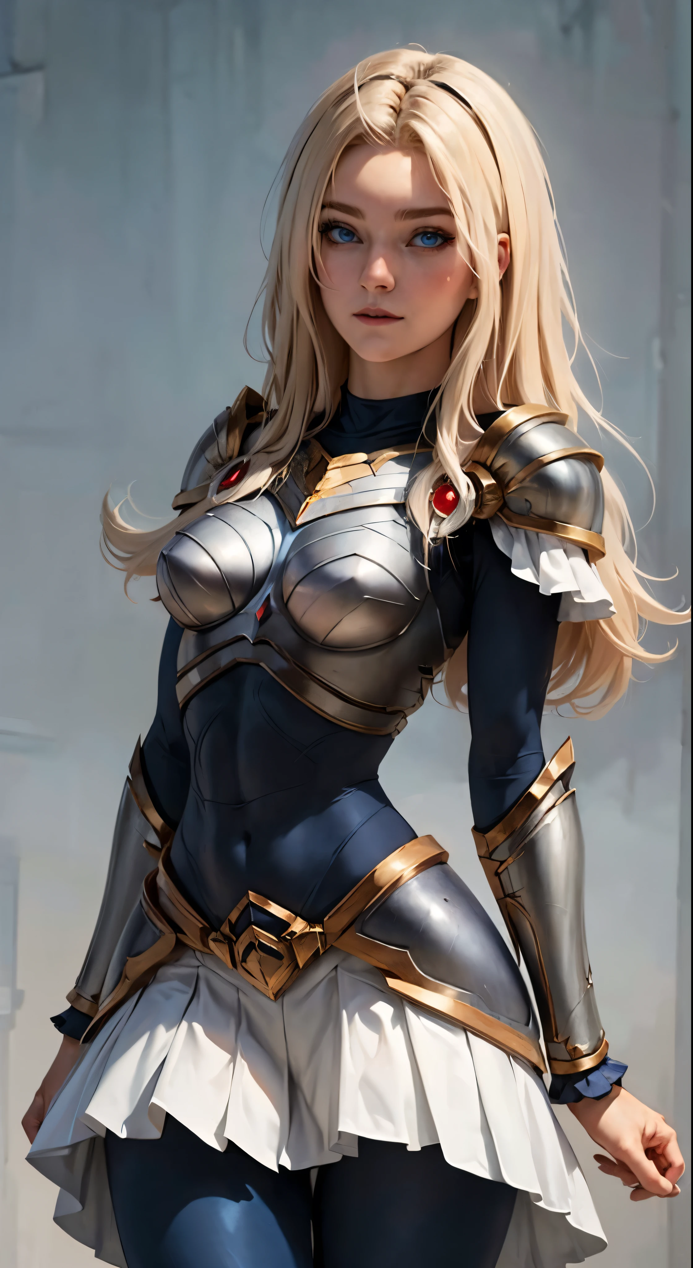 lux, league of legends, long blonde hair, blue eyes, blue tights, full chest armor, shoulder armor, skirt with frills, medium breasts, half body portrait, beautiful, fit body, looking at viewer, very detailed face,