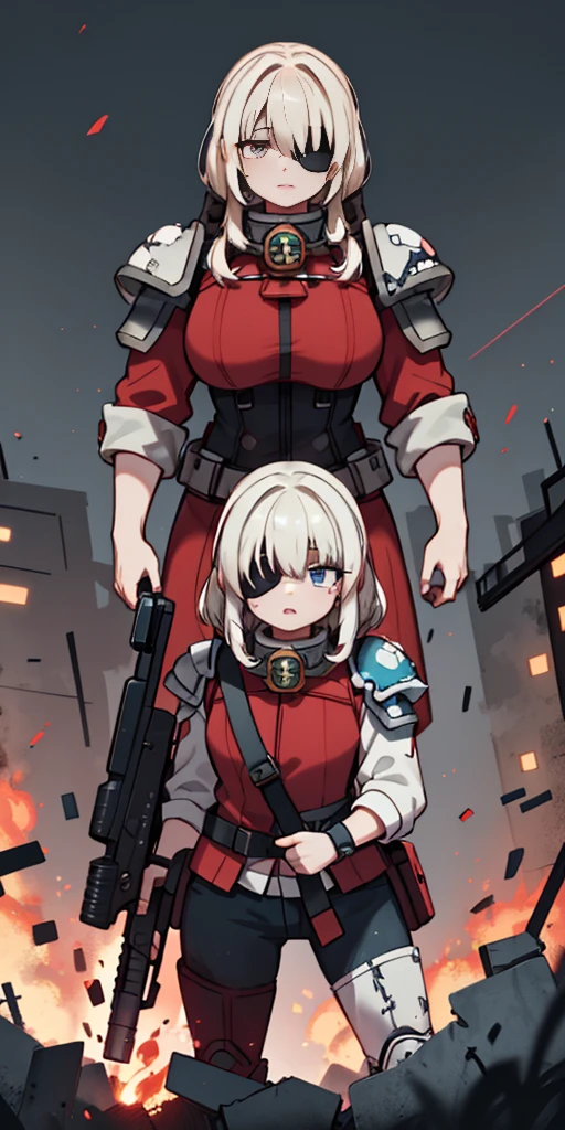 (masterpiece:1.2), (best quality:1.2), perfect eyes, perfect face, perfect lighting, 1girl, mature whsororitas with a laser rifle in her hands, scar over one eye, eyepatch, red tabard, white hair, warhammer 40k, chaos, fire, scifi, detailed ruined city background, power armor
