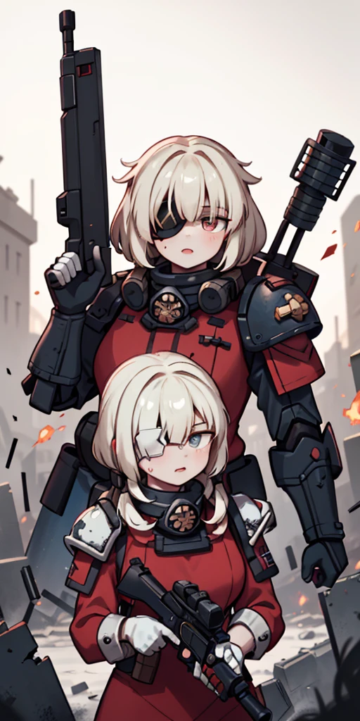 (masterpiece:1.2), (best quality:1.2), perfect eyes, perfect face, perfect lighting, 1girl, mature whsororitas with a laser rifle in her hands, scar over one eye, eyepatch, red tabard, white hair, warhammer 40k, chaos, fire, scifi, detailed ruined city background, power armor