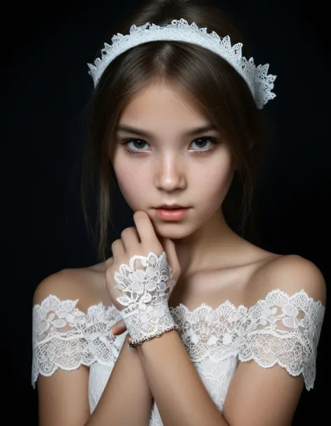 epic photography, 1girl, cute face, wearing a white lace as bracelet, intricate lace, white lace, black background, studio photo...