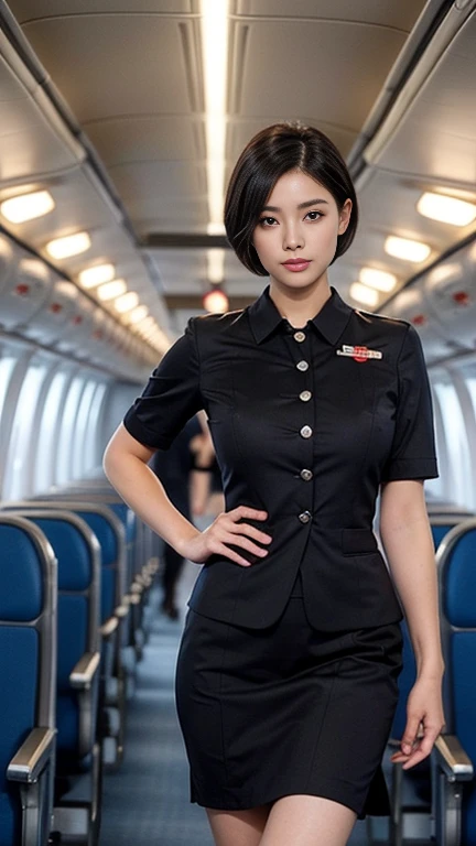 1beautiful womanl, 28years、hyperdetailed face、Detailed lips、A detailed eye、double eyelid、(Black bob shortcut hair , while walking gracefully down the aisle)、(Stewardess uniform:1.2)、(Glamorous body)、(Colossal tits)、thighs thighs thighs thighs, Perfect fit, Perfect image realism, Background with: (Business Class aisle on airplanes:1.2), Cowboy Shot, Meticulous background, detailed costume, Perfect litthing、Hyper-Realism、(Photorealsitic:1.4)、8K maximum resolution, (​masterpiece), ighly detailed, Professional