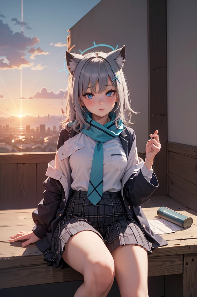 (​masterpiece),(top-quality:1.2),1girl,(masuter piece:1.3),exquisitedetails, Highest quality 8K resolution, Ultra-detailed, Realistic, Vibrant colors, Soft tones, With warm and gentle lighting,early evening,Big sunset,
shiroko_bluearchive