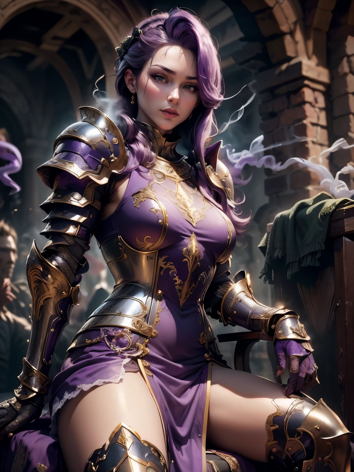 (Masterpiece, Superb Detail, Super Detailed, High Resolution), Male Focus, (((Female Armor))), (((Armor Purple Dress Set))), (She Has Long Purple Hair, Medium Breasts, Slim, perfect body, beautiful face), look at viewer, (((purple panty))), (((smoke))), ((Turn back, Sit on Skull Chair)), City Ruins, Background Details, Solo