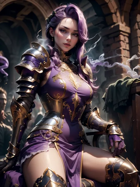 (masterpiece, superb detail, super detailed, high resolution), male focus, (((female armor))), (((armor purple dress set))), (sh...