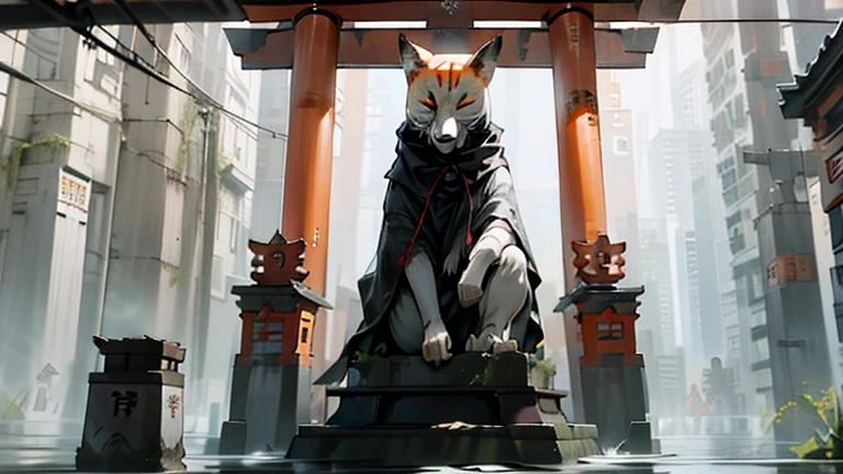 Rainy Day，Fushimi Inari Taisha Shrine Fantastic　mystery　wonderland，Gray fox statue