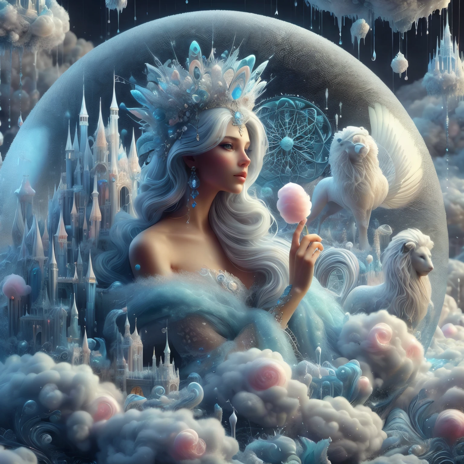 Cotton Candy Queen Women Goddess 8k Resolution Rendered Hyper Realistic Intricate Detail lives in an frosty ice bubble, a fanciful place filled with castles, cotton candy, swans lakes and fluffy clouds, An intricate visual representation of computer programing, rendered in 24k resolution with intricate details and symbols.