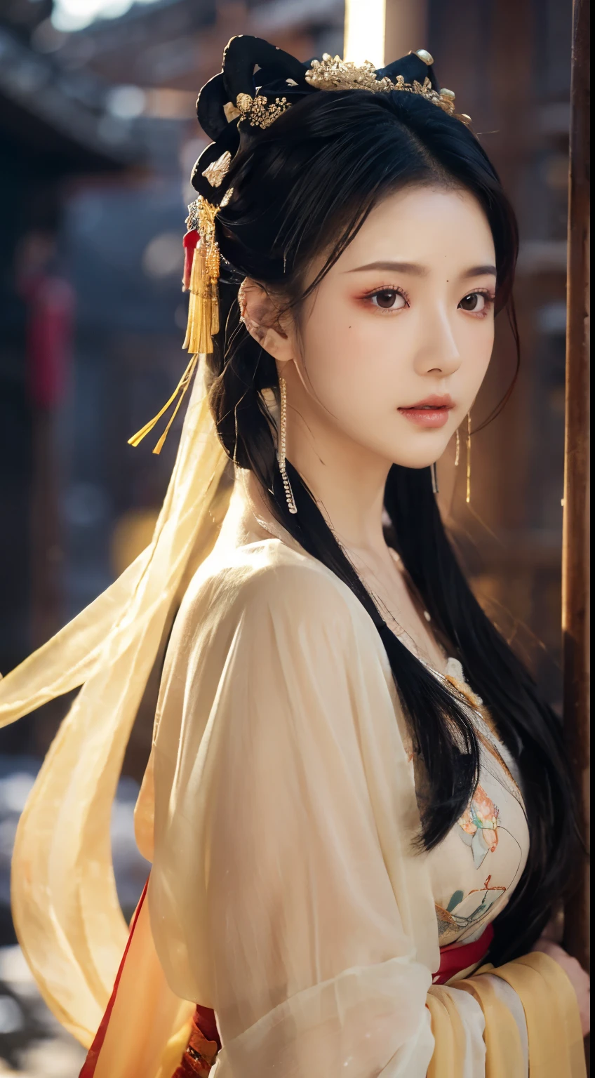 、(top quality,masterpiece:1.3,Ultra-high resolution,),(Super detailed,Caustic lines),(Reality:1.4,RAW Shooting,)Ultra-realistic capture,Very detailed,HD 16K，Suitable for human skin、 Natural skin texture、、Skin looks healthy and even-toned、 Use natural light and color,A woman,Kawaii,black hair,Medium Length Hair,(Depth of Field、Chromatic Aberration、、Wide lighting range、Natural shadows、)、(Nighttime outdoor lighting:1.4)、(Snow Scene:1.2)、(Hair blowing in the wind:1.1)(photoPractical, best quality, Ultra-high resolution, Extremely detailed eyes and face:1.3),(1 Girl, Solitary:1.3),On a wooden boat,Black Hair,Practical,long hair,Jewelry,Upper Body,White see-through Hanfu,Vague,earrings,Lips,Chinese clothes,Hair accessories,black eyes,Vague background,looking off to the side,Shut up,