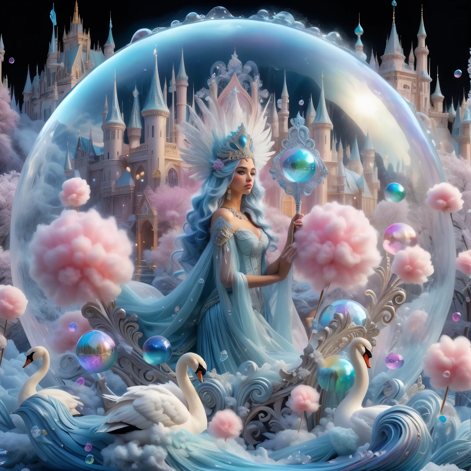 Cotton Candy Queen Women Goddess 8k Resolution Rendered Hyper Realistic Intricate Detail lives in an frosty ice bubble, a fanciful place filled with castles, cotton candy, swans lakes and fluffy clouds, An intricate visual representation of computer programing, rendered in 24k resolution with intricate details and symbols.