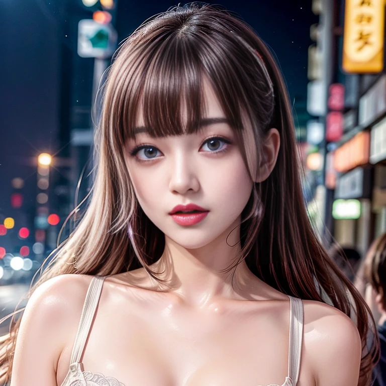 a close-up portrait of a woman wearing thongs on a city street, intricate lighting effects with light particles, traffic lights, colorful lights, and dazzling bokeh, a crowd of fashionable street girls in the background, (((NOGIZAKA)))  Extremely Detailed very KAWAII face variation, perfect anatomy, Childish, captivating gaze, elaborate detailed Eyes with (sparkling highlights:1.2), long eyelashes、Glossy RED Lips with beautiful details, Coquettish tongue, Rosy cheeks . (Dynamic joyful expressions) , Random eye color, (no large eyes) .