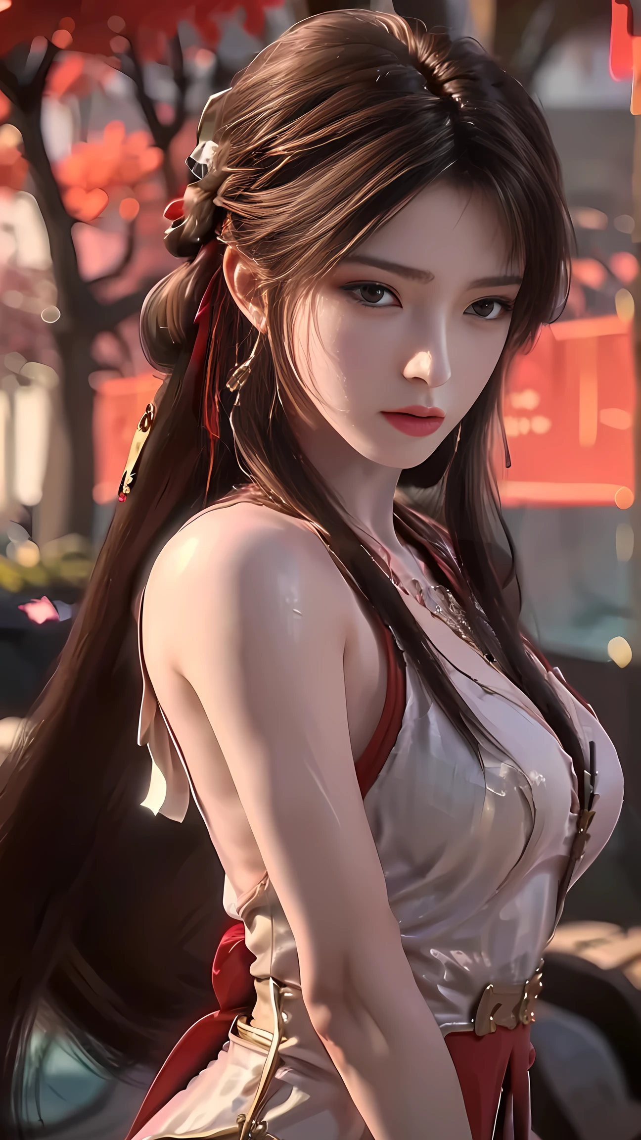 1girl,looking back over shoulder,parted bangs, long hair, hair strand, shiny hair, hair ribbon, head wreath, longeyelashes, parted lips, light brown hair, depth of field, cinematic lighting, from below, panorama, UHD, masterpiece, textured skin,Dress, backless, new Chinese style, red and white, silk