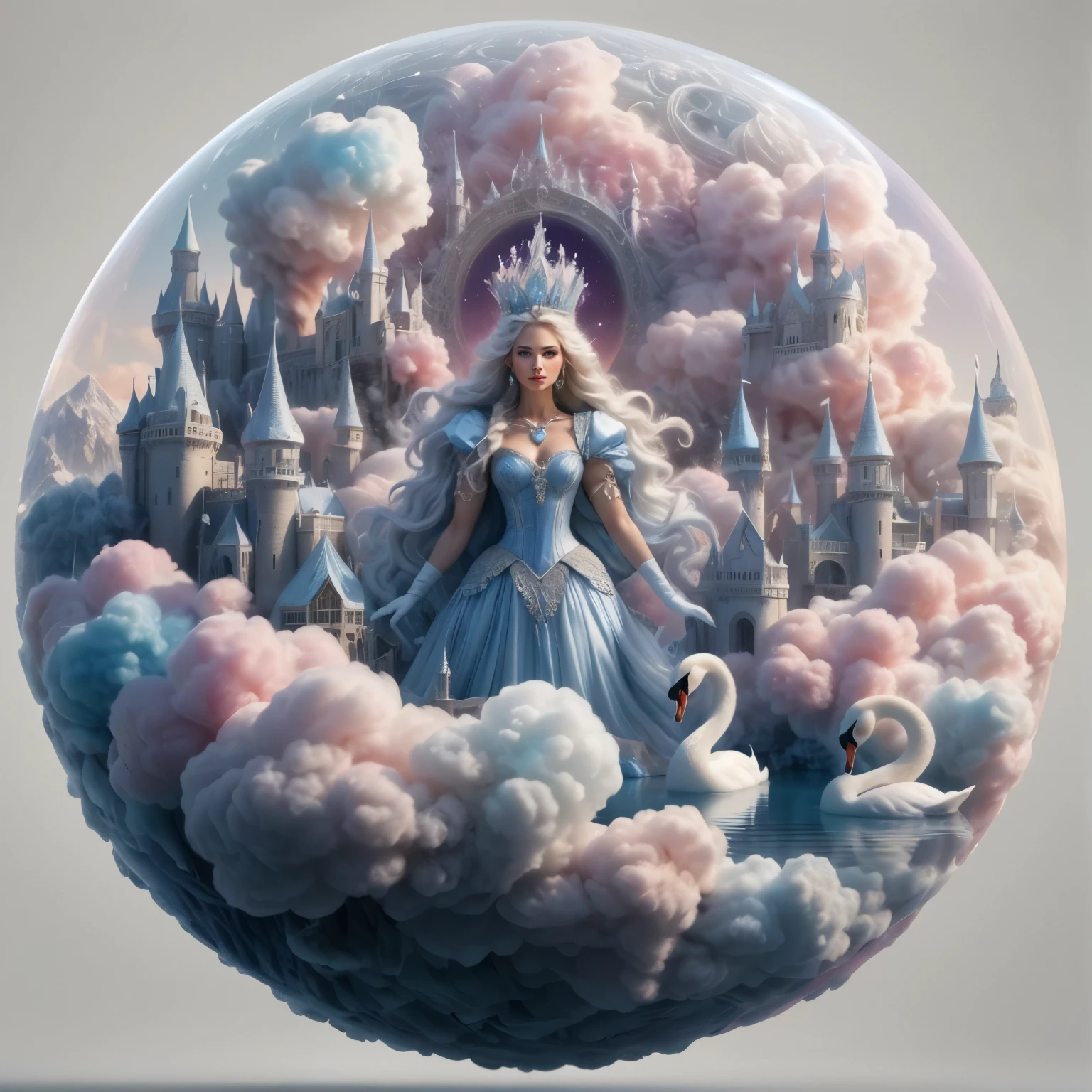 Cotton Candy Queen Women Goddess 8k Resolution Rendered Hyper Realistic Intricate Detail lives in an frosty ice bubble, a fanciful place filled with castles, cotton candy, swans lakes and fluffy clouds, An intricate visual representation of computer programing, rendered in 24k resolution with intricate details and symbols.