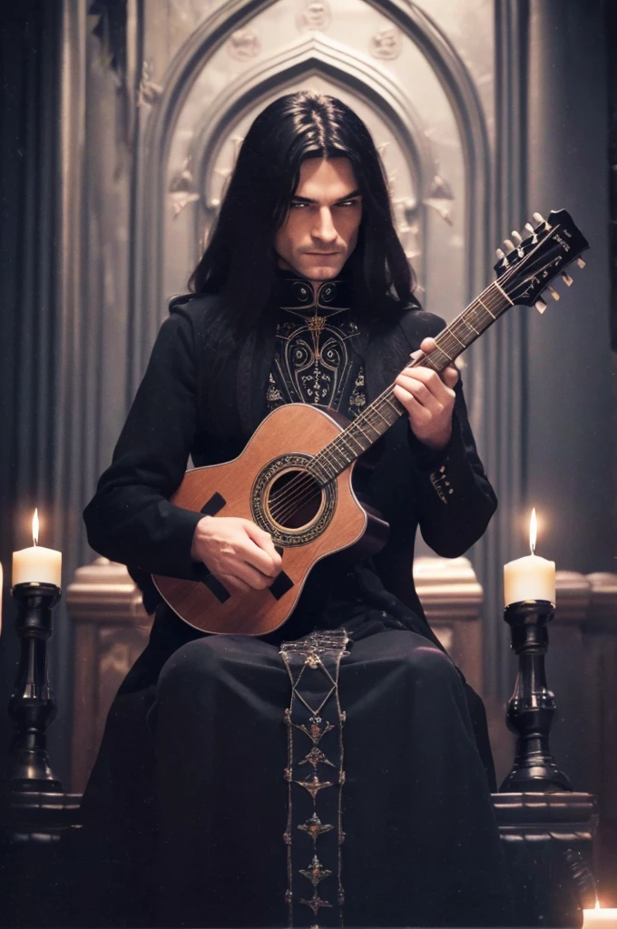 best quality, 8k, highly detailed face and skin texture, high resolution, black long hair man in black gothic jacket playing acoustic guitar in throne room, under the candle light, full body, sharp focus