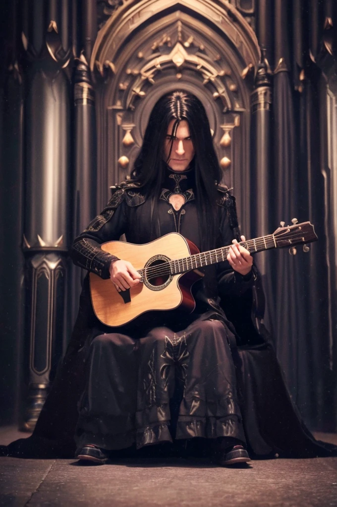 best quality, 8k, highly detailed face and skin texture, high resolution, black long hair man in black gothic jacket playing acoustic guitar in throne room, under the candle light, full body, sharp focus