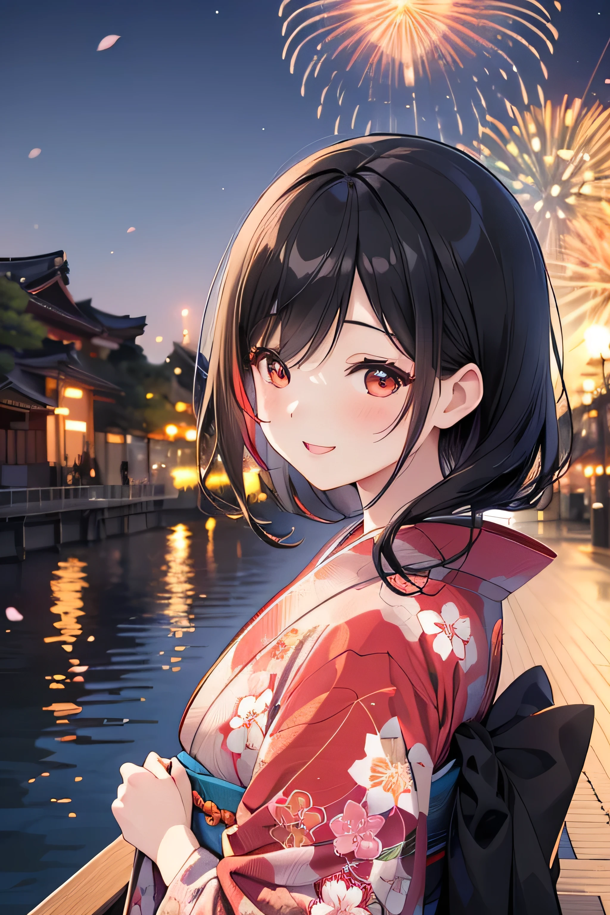 highest quality, Tokyo(Sumida River, Riverbank,Tree-lined street),night, Sunny, Colorful fireworks(Japan fireworks), One beautiful woman(Black Hair, Kimono(Cherry blossom pattern)),Smiling, Watching fireworks