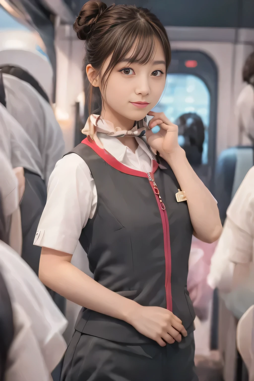 (masterpiece:1.2, highest quality:1.2), 32K HDR, High resolution, (alone、1 girl)、（Take the Shinkansen、Professional Lighting）、Background in the car、（Realistic style of JR Gran Class crew wearing uniform）、Short sleeve blouse、a scarf around the neck、（JR Gran Class flight attendant uniform with pink parts on the skirt sleeves）、（JR Gran Class flight attendant uniform with pink line on front zipper of vest）、Dark brown hair、（Hair tied up、Hair Bun、Hair Bun）、Dark brown hair、Long Shot、Big Breasts、（（Great hands：2.0）），（（Harmonious body proportions：1.5）），（（Normal limbs：2.0）），（（Normal finger：2.0）），（（Delicate eyes：2.0）），（（Normal eyes：2.0））)、Luxury Necklace、Captivating look、Beautiful standing posture,