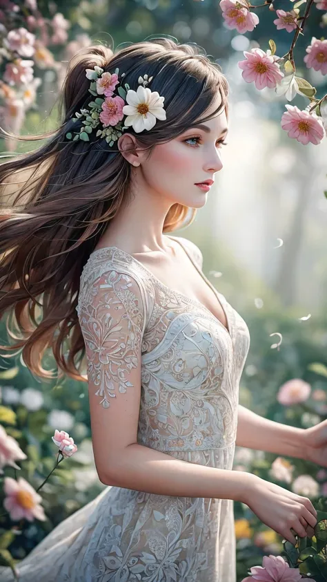 best quality, 8k, highres, masterpiece, ultra-detailed, realistic, a woman in White Lace dress, Colorful petals of flowers float...