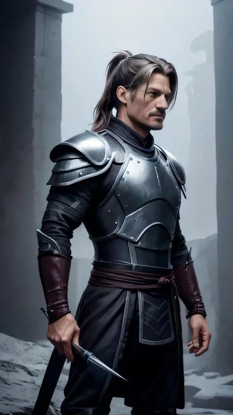 (Nikolaj Coster-Waldau) as Hotaru from Mortal Kombat, long wavy gray (ponytail), obsidian techno suit, obsidian plates, burgundy...
