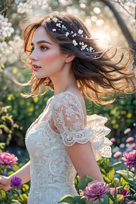 best quality, 8k, highres, masterpiece, ultra-detailed, realistic, a woman in White Lace dress, Colorful petals of flowers float...