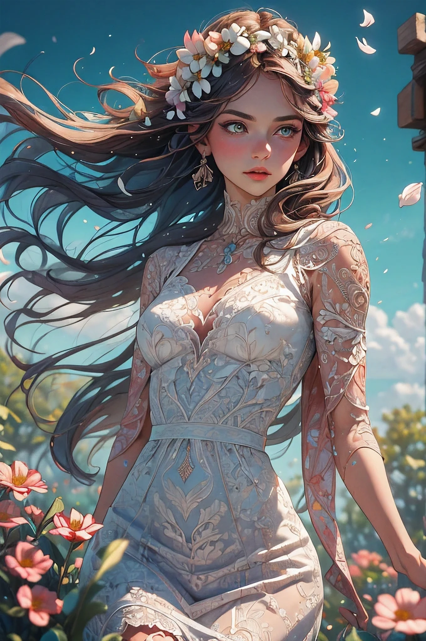 best quality, 8k, highres, masterpiece, ultra-detailed, realistic, a woman in White Lace dress, Colorful petals of flowers float in the air, bright sun colors, shallow depth of field, soft atmospheric scenes, powerful portraits, perfect anatomy, best quality, highres, realistic photo, professional photography, cinematic angle, dynamic, light shining, zentangle style