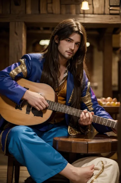 best quality, 8k, highly detailed face and skin texture, high resolution, long hair man in colorful suit playing lute at tavern,...