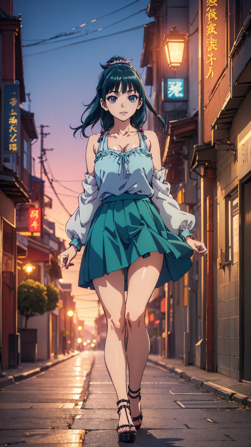 ((Best quality)), ((masterpiece)), (anime), a beautiful sexy woman walking down the street in a short skirt, a blouse and high platform heels, blue eyes, green hair, smooth skin, cleavage, ((full body)), (city setting, city enviroment), smile, shoulders exposed, anime, green eyes, maomao, Under street lights, Sunset Dusk,