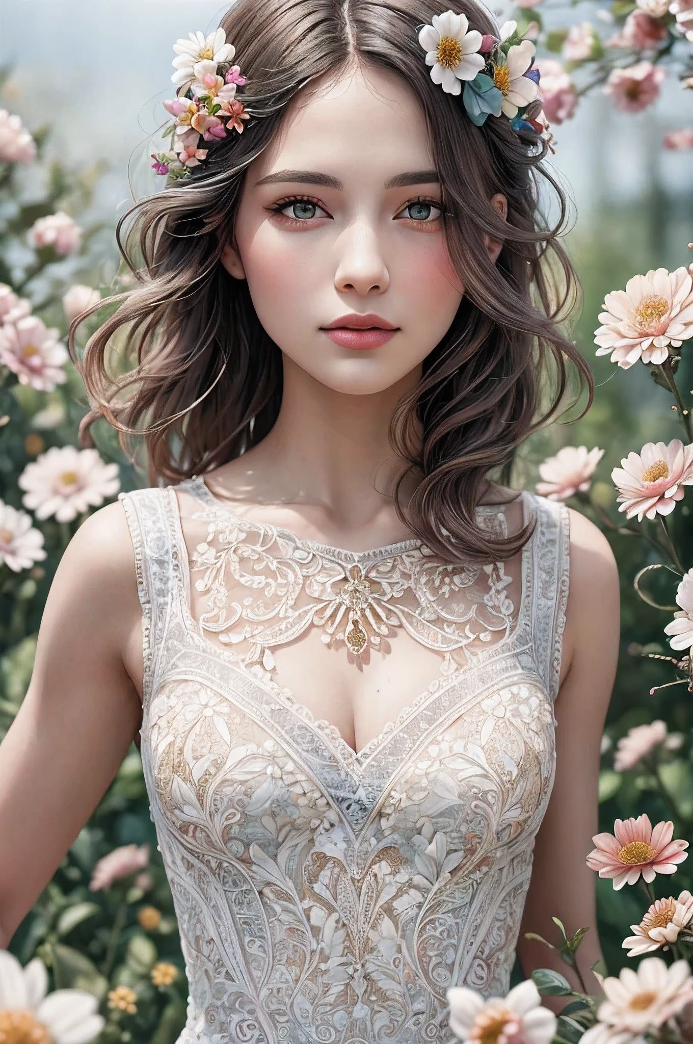 best quality, 8k, highres, masterpiece, ultra-detailed, realistic, a woman in White Lace dress, Colorful petals of flowers float in the air, bright sun colors, shallow depth of field, soft atmospheric scenes, powerful portraits, perfect anatomy, best quality, highres, realistic photo, professional photography, cinematic angle, dynamic, light shining, zentangle style