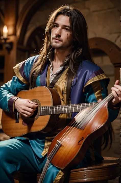 best quality, 8k, highly detailed face and skin texture, high resolution, long hair man in colorful suit playing lute at tavern,...