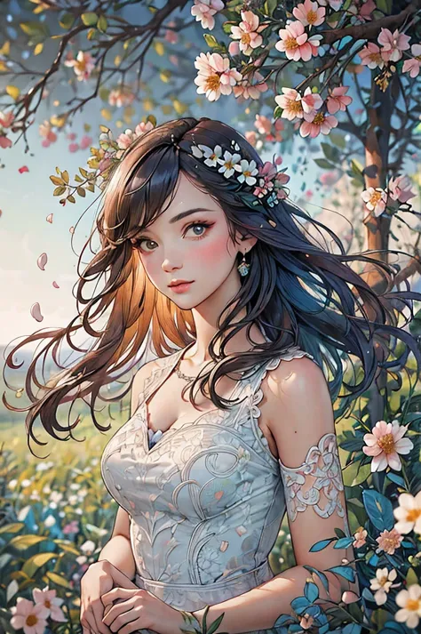 best quality, 8k, highres, masterpiece, ultra-detailed, realistic, a woman in White Lace dress, Colorful petals of flowers float...