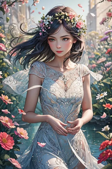 best quality, 8k, highres, masterpiece, ultra-detailed, realistic, a woman in white lace dress, colorful petals of flowers float...