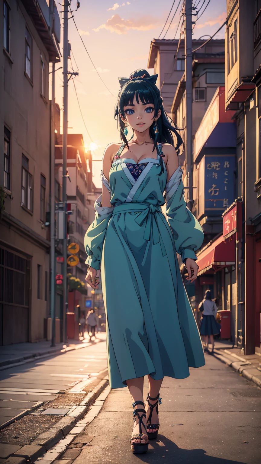 ((beste Qualität)), ((Meisterwerk)), (Anime-Serie), ein schönes sexy Mädchen läuft in einem langen Rock, eine Bluse und Plateau High Heels, blaue Augen, grüne Haare, Glatte Haut, Dekollete, ((Ganzkörper)), lächeln, Schultern freigelegt, Anime-Serie, grüne Augen, Maomao, Unter Straßenlaternen, ((Sonnenuntergang Dämmerung)), (((Park))),
