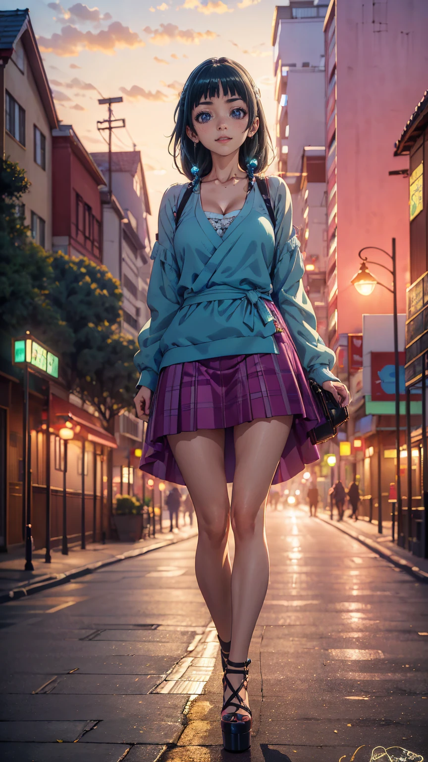 ((Best quality)), ((masterpiece)), (anime), a beautiful sexy girl walking  in a short skirt, a blouse and platform high heels, blue eyes, green hair, smooth skin, cleavage, ((full body)), smile, shoulders exposed, anime, green eyes, maomao, Under street lights, ((Sunset Dusk)), (((park))),