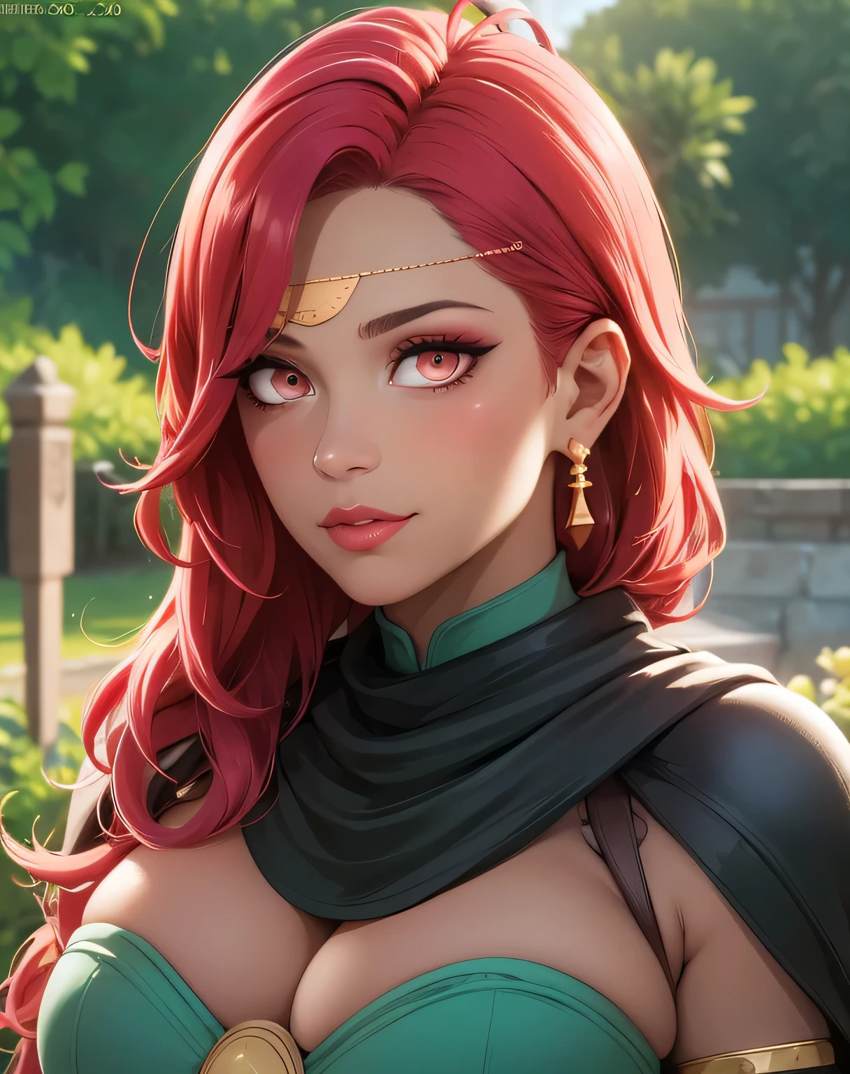 warHapi, earrings, circlet, underbust, green cape, (masterpiece, best quality, ultra-detailed), realistic style, very close up shot 2.0, garden 2.0, looking at viewer 2.0, blushing, face shot 2.0, perfect eyes, cute nose, very sexy smile 2.0, very luscious lips 2.0, face shot 2.0, very heavy eyeshadow 2.0, very heavy makeup 2.0, round face, very thick lips 2.0, very glossy lips 2.0, very pouty lips 2.0, shiny skin, lustrous skin 2.0, incredibly pretty 2.0, incredibly beautiful 2.0, very elegant 2.0, face shot 2.0, very sexy 2.0, very curvy 2.0, very sexy smile 2.0, very luscious lips 2.0, face shot 2.0, very heavy eyeshadow 2.0, very heavy makeup 2.0, round face, very thick lips 2.0, very glossy lips 2.0, very pouty lips 2.0, shiny skin, lustrous skin 2.0, incredibly pretty 2.0, incredibly beautiful 2.0, very elegant 2.0, face shot 2.0, very tan skin 2.0