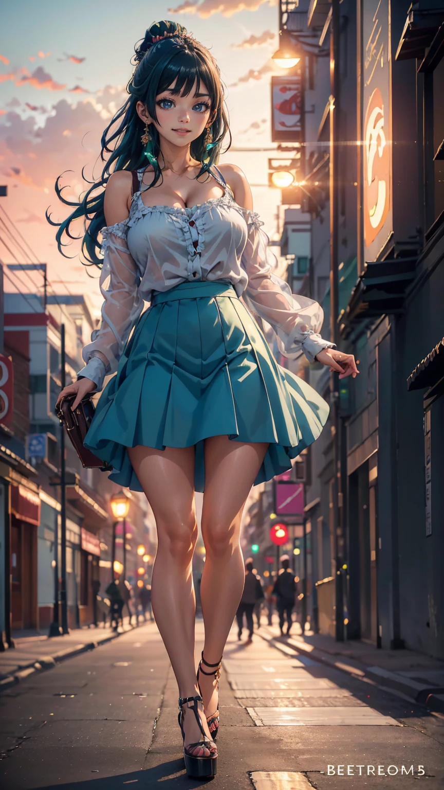 ((Best quality)), ((masterpiece)), (anime), a beautiful sexy girl walking  in a short skirt, a blouse and platform high heels, blue eyes, green hair, smooth skin, cleavage, ((full body)), smile, shoulders exposed, anime, green eyes, maomao, Under street lights, ((Sunset Dusk)),