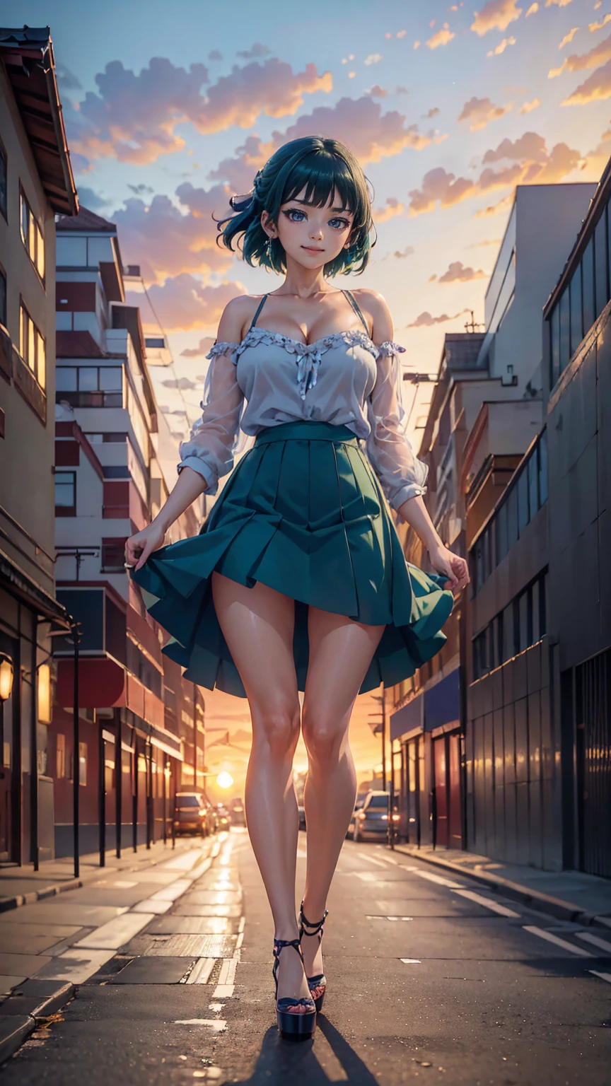 ((Best quality)), ((masterpiece)), (anime), a beautiful sexy girl walking  in a short skirt, a blouse and platform high heels, blue eyes, green hair, smooth skin, cleavage, ((full body)), smile, shoulders exposed, anime, green eyes, maomao, Under street lights, ((Sunset Dusk)),
