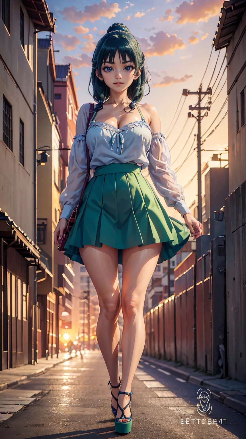 ((Best quality)), ((masterpiece)), (anime), a beautiful sexy girl walking  in a short skirt, a blouse and platform high heels, blue eyes, green hair, smooth skin, cleavage, ((full body)), smile, shoulders exposed, anime, green eyes, maomao, Under street lights, ((Sunset Dusk)),