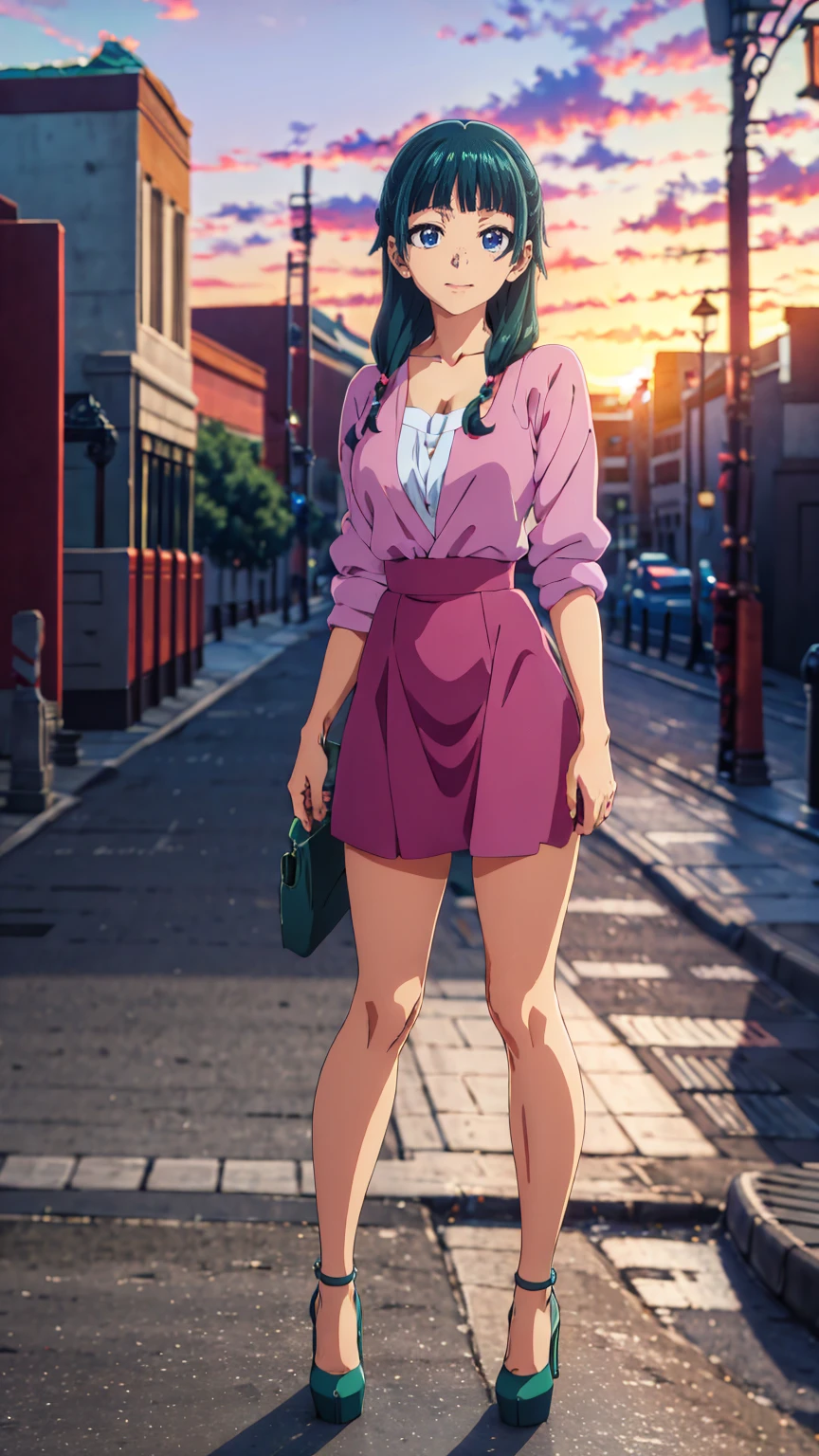 ((Best quality)), ((masterpiece)), (anime), a beautiful sexy girl walking  in a short skirt, a blouse and platform high heels, blue eyes, green hair, smooth skin, cleavage, ((full body)), smile, shoulders exposed, anime, green eyes, maomao, Under street lights, ((Sunset Dusk)),