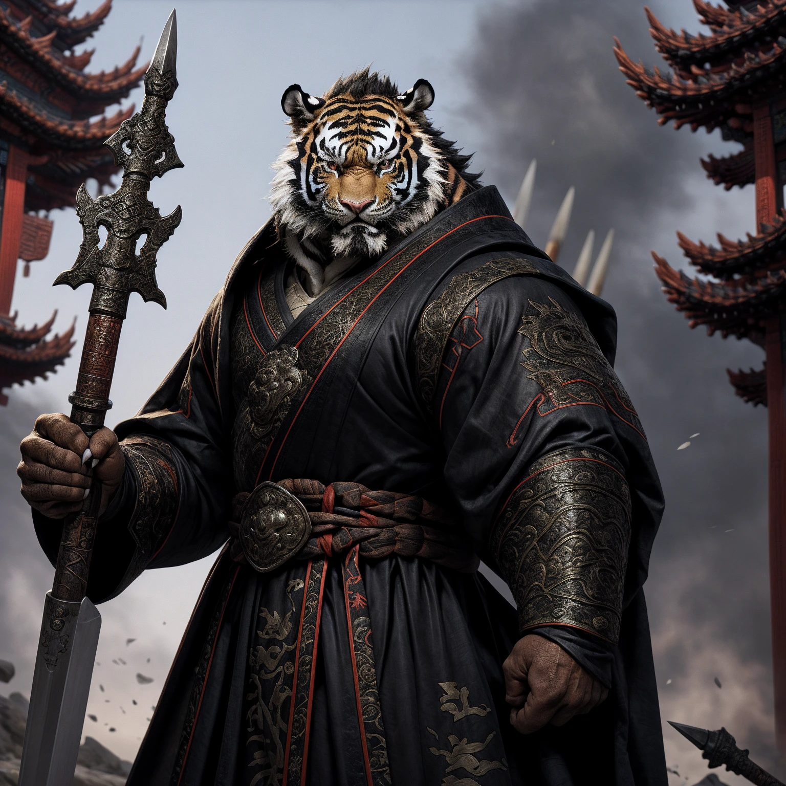 (Tigre negro),(Túnica de batalla negra),armado con una lanza,gesto poderoso,Párese con confianza y orgullo,General de estilo chino sosteniendo una espada mirando a lo lejos en la barba de rostro serio de mediana edad de Dragon City,fuerte,músculo,(Alta resolución:1.3)