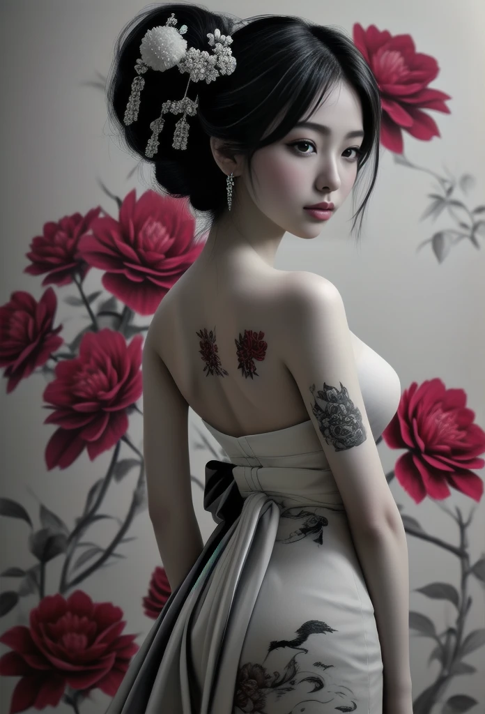 Waist-length view. A detailed drawing of a geisha midriff portrait made with a thin black pencil in shades of gray and red (flowers, tattoo). View from behind, up to the waist, she squints at the viewer, turning over her left shoulder. Naked thin shoulders. Japanese geisha makeup, elegant tattoos with dragons and flowers. Complicated hairstyle, red flowers in her hair. Long eyelashes, a very beautiful slender sexy young Japanese woman, white skin. Master's drawing, very high quality, photographic accuracy.