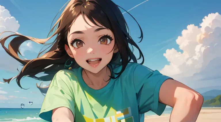 (masterpiece, highest quality, highest quality, official art, beautifully、beautiful:1.2), 1 girl,daytime,blue sky,sandy beach,cu...