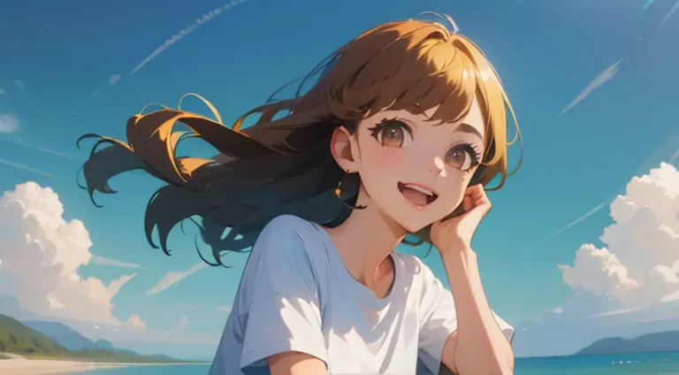 (masterpiece, highest quality, highest quality, official art, beautifully、beautiful:1.2), 1 girl,daytime,blue sky,sandy beach,cu...