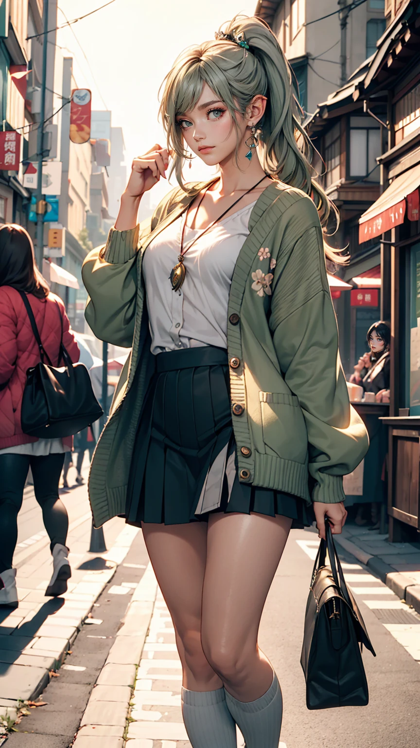 masterpiece , highest quality,Nahida(Genshin Impact) ,One girl , Small breasts,Long Hair ,Side Ponytail, hair ornaments , Gray Hair , Green Hair , Place your hands behind your head:1.5,Multicolored Hair, Fairy , Pointed Ears ,  , skirt ,cardigan,road , street,Looking at the audience