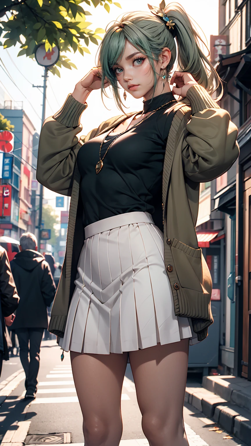 masterpiece , highest quality,Nahida(Genshin Impact) ,One girl , Small breasts,Long Hair ,Side Ponytail, hair ornaments , Gray Hair , Green Hair , Place your hands behind your head:1.5,Multicolored Hair, Fairy , Pointed Ears ,  , skirt ,cardigan,road , street,Looking at the audience