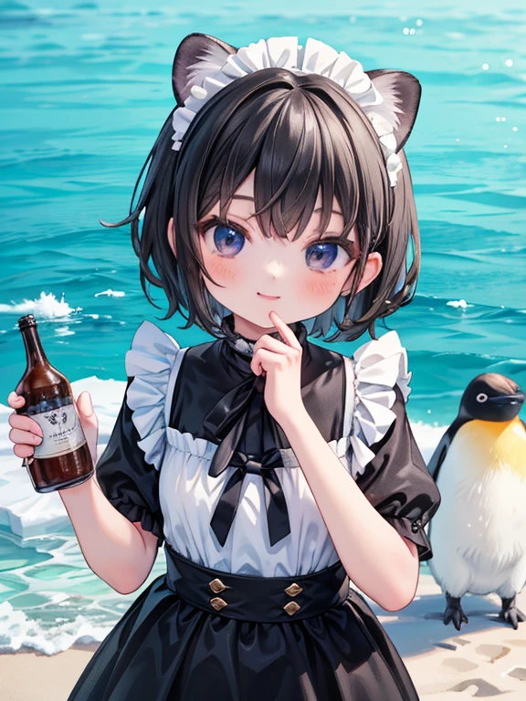 masterpiece, highest quality, Very detailed, 16k, Ultra-high resolution, Cowboy Shot, Detailed face, Perfect Fingers, A 13-year-old girl, black eye, smile, Black Hair, short hair, Black maid outfit,  polar animals, Antarctica, On ice, penguin,fox,ferret