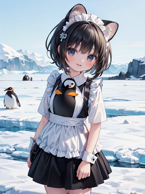 masterpiece, highest quality, Very detailed, 16k, Ultra-high resolution, Cowboy Shot, Detailed face, Perfect Fingers, A 13-year-old girl, black eye, smile, Black Hair, short hair, Black maid outfit,  polar animals, Antarctica, On ice, (Penguin fox ferret on background)