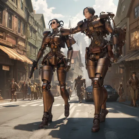 they are two robots walking down the street with guns., detailed cinematography, steampunk digital art, big studio vfx, a still ...