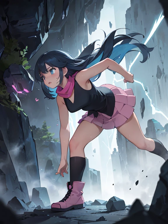 (Best quality,4K,a high resolution),(realistic:1.37),(dark,capricious:0.9),(intensive,High contrast:1.1),(dramatic lighting,gloomy mysterious atmosphere),dawn \(Pokemon\), cap, long hair, blue hair, Blue eyes, Black sleeveless shirt, pink scarf, pink skirt, Pink boots, white panties, Body shape, plump thighs, thick thigh,(beautiful detailed eyes,long eyelashes:1.1),(filthy,Clothes are torn),(Sub,hard breath),(Trembling body),(urgent,panic-stricken),(desperate escape),(Wet walls,Rough texture),(massive boulder:1.2),(colorful fragments,flying in the air),(Danger,disaster:1.1),(Trapped,Closed space),(fear,terror),(ominous presence),(echo sound),(heartbeat),(Motion blur effect),(narrow passage,Limited visibility),(voltage,expectation:1.1),(drenched in darkness),(Dynamic composition),(specific expression),(Uneven terrain),(Moss-covered rocks),(fearful gaze),(Eerie silence),(An adventure,thriller),(sudden tilt,angular perspective),(crawl in the shadows),(intensive action),(difficult escape),(precise lighting),(a subtle hint of hope),(adrenaline rush),(scene drives),(a glimmer of light at the end),(faint echo),(emerging from darkness),(sudden relief),(strength,dexterity),(quick reflexes),(Pulsating Energy),(cave exploration),(skillful evasion),(flickering light),(intensive pursuit),(breathtaking voltage)